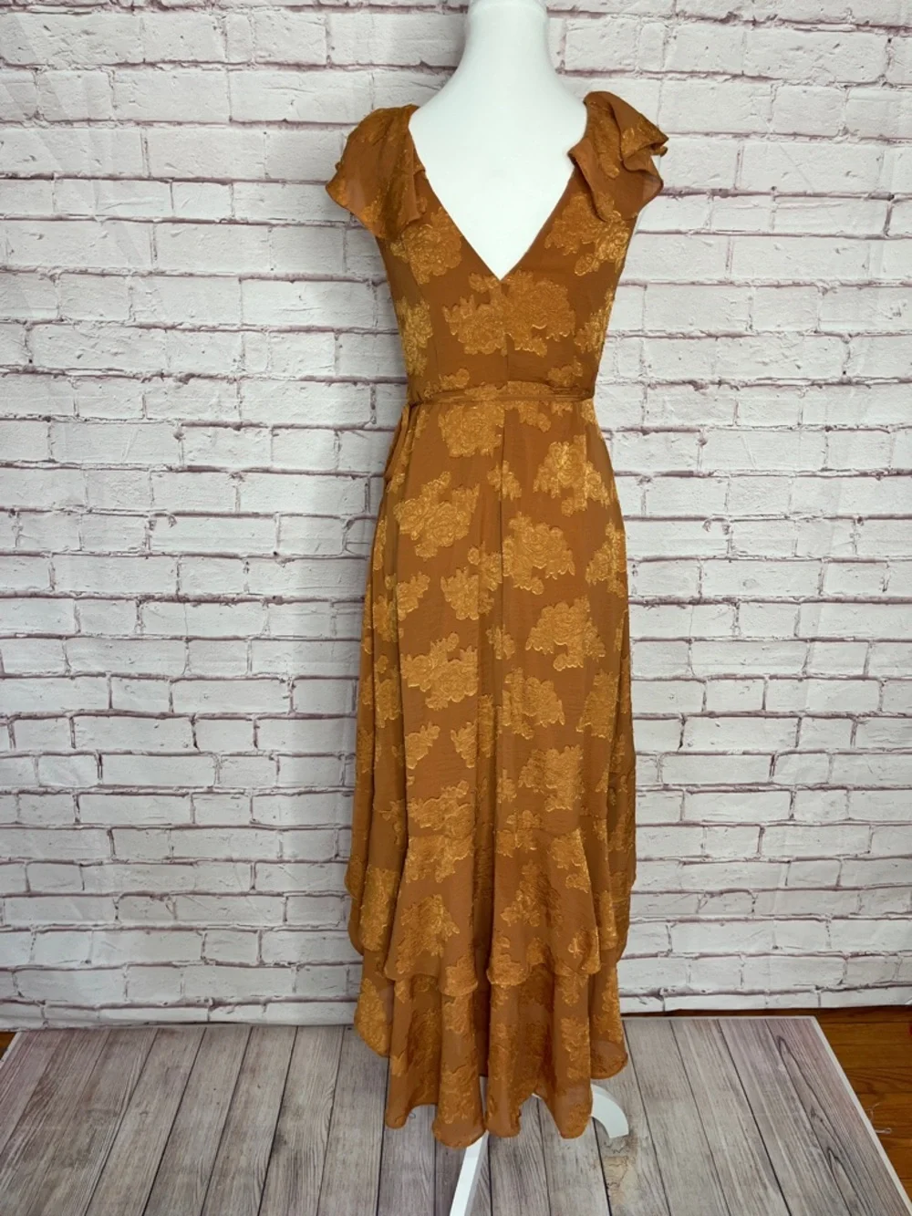 Lulus Adorable Aura Burnt Orange Floral Burnout High Low Wrap Dress Like New